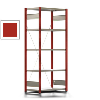 Fachbodenregal mit Tiefenriegel - 250 kg - 2.000 x 875 x 500 mm (HxBxT) - Grundregal - Rahmen feuerrot - Böden verzinkt - Steckregal Fachbodenregal mit Tiefenriegel - 250 kg - 2.000 x 875 x 500 mm (HxBxT) - Grundregal - Rahmen feuerrot - Böden verzinkt - Steckregal