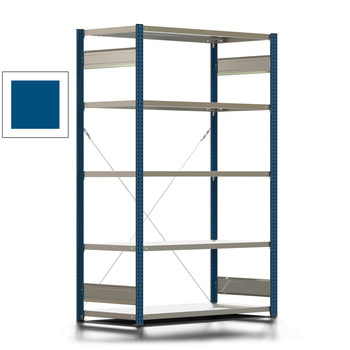 Fachbodenregal mit Tiefenriegel - 250 kg - 2.000 x 1.285 x 600 mm (HxBxT) - Grundregal - Rahmen enzianblau - Böden verzinkt - Steckregal Fachbodenregal mit Tiefenriegel - 250 kg - 2.000 x 1.285 x 600 mm (HxBxT) - Grundregal - Rahmen enzianblau - Böden verzinkt - Steckregal