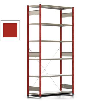 Fachbodenregal mit Tiefenriegel - 250 kg - 2.500 x 1.285 x 500 mm (HxBxT) - Grundregal - Rahmen feuerrot - Böden verzinkt - Steckregal Fachbodenregal mit Tiefenriegel - 250 kg - 2.500 x 1.285 x 500 mm (HxBxT) - Grundregal - Rahmen feuerrot - Böden verzinkt - Steckregal