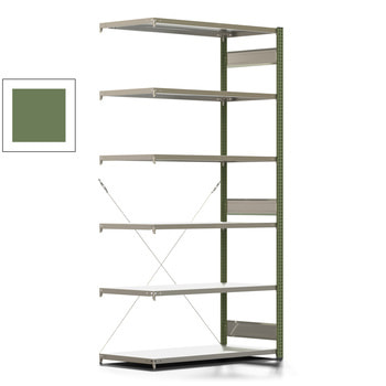 Fachbodenregal mit Tiefenriegel - 350 kg - 2.500 x 1.285 x 626 mm (HxBxT) - Anbauregal - 6 Böden - resedagrün - Lagerregal - Steckregal BERT Fachbodenregal mit Tiefenriegel - 350 kg - 2.500 x 1.285 x 626 mm (HxBxT) - Anbauregal - 6 Böden - resedagrün - Lagerregal - Steckregal BERT
