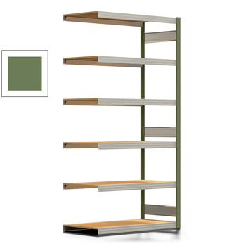 Fachbodenregal Tiefenriegel - 250 kg - 2.500 x 1.285 x 600 mm (HxBxT) - Anbauregal - resedagrün - 6 Holzböden - Lagerregal - Steckregal BERT Anbauregal | RAL 6011 Resedagrün