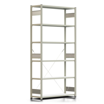 Fachbodenregal mit Tiefenriegel - 150 kg - 2.500 x 1.285 x 400 mm (HxBxT) - Grundregal - lichtgrau - 6 Böden, Steckregal BERT Fachbodenregal mit Tiefenriegel - 150 kg - 2.500 x 1.285 x 400 mm (HxBxT) - Grundregal - lichtgrau - 6 Böden, Steckregal BERT