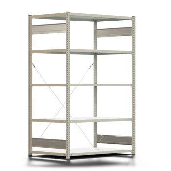 Fachbodenregal mit Tiefenriegel - 250 kg - 2.000 x 1.285 x 800 mm (HxBxT) - Grundregal - lichtgrau - Lagerregal - Steckregal - BERT Fachbodenregal mit Tiefenriegel - 250 kg - 2.000 x 1.285 x 800 mm (HxBxT) - Grundregal - lichtgrau - Lagerregal - Steckregal - BERT