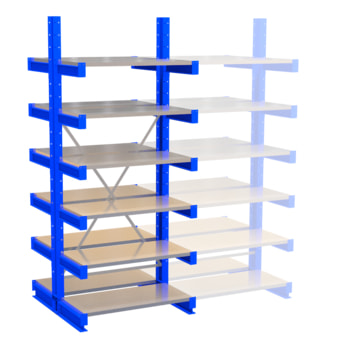 Doppelseitiges Kragarmregal, Schwerlastregal - 2.500 x 1.120 mm (HxT) - Feldbreite 1.000 mm - 250 kg - mit Fachböden 