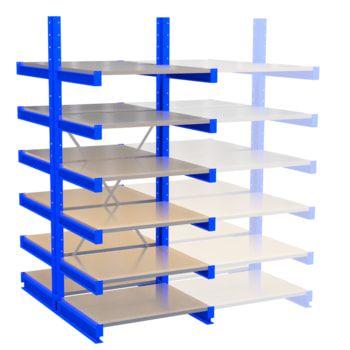 Doppelseitiges Kragarmregal, Schwerlastregal - 2.500 x 1.720 mm (HxT) - Feldbreite 1.000 mm - 250 kg - mit Fachböden 