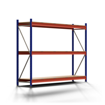 Weitspannregal EMMA - 2.000 x 2.700 x 600 mm (HxBxT) - Feldlast 7.500 kg - Holzböden - Schwerlastregal Weitspannregal EMMA - 2.000 x 2.700 x 600 mm (HxBxT) - Feldlast 7.500 kg - Holzböden - Schwerlastregal