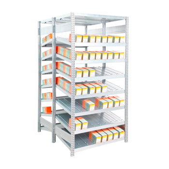 Schrägbodenregal, Kanbanregal, Durchlaufregal, doppelseitig, 2.000 x 1.005 x 1.052 mm (HxBxT), 16 Böden, erweiterbar, 250 kg, Steckregal, BERT 