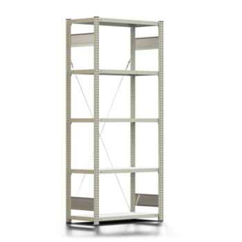 Fachbodenregal mit Tiefenriegel - 250 kg - 2.000 x 875 x 400 mm (HxBxT) - erweiterbar - lichtgrau - 5 Böden - Lagerregal - Steckregal BERT Fachbodenregal mit Tiefenriegel - 250 kg - 2.000 x 875 x 400 mm (HxBxT) - erweiterbar - lichtgrau - 5 Böden - Lagerregal - Steckregal BERT