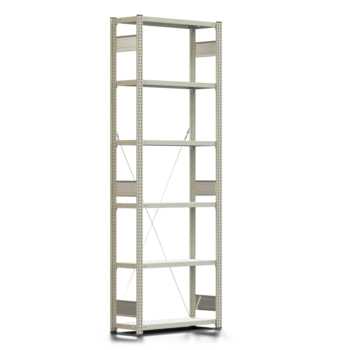 Fachbodenregal mit Tiefenriegel - 250 kg - 2.500 x 875 x 300 mm - erweiterbar - lichtgrau - 6 Böden - Lagerregal - Steckregal BERT Fachbodenregal mit Tiefenriegel - 250 kg - 2.500 x 875 x 300 mm - erweiterbar - lichtgrau - 6 Böden - Lagerregal - Steckregal BERT