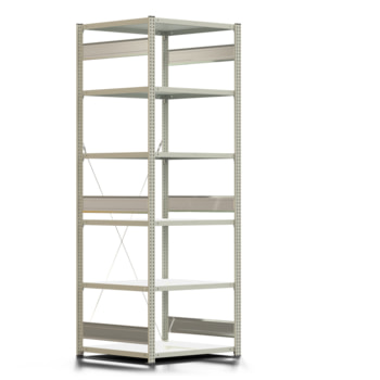 Fachbodenregal mit Tiefenriegel - 250 kg - 2.500 x 875 x 800 mm - erweiterbar - lichtgrau - 6 Böden - Lagerregal - Steckregal BERT Fachbodenregal mit Tiefenriegel - 250 kg - 2.500 x 875 x 800 mm - erweiterbar - lichtgrau - 6 Böden - Lagerregal - Steckregal BERT