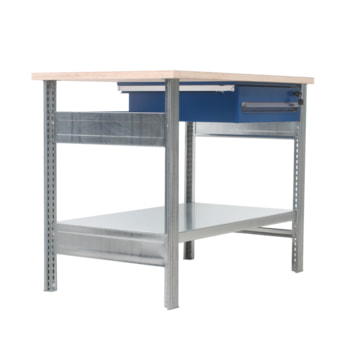 Werktisch - Buche Arbeitsplatte - 1 Schublade - 1 Boden - Fachlast 150 kg - 880 x 1.100 x 700 mm (HxBxT) - verzinkt - Arbeitstisch BERT 