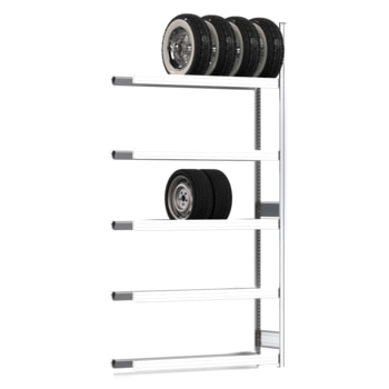 Felgenregal mit Tiefenriegel - 250 kg - 2.500 x 1.285 x 300 mm (HxBxT) - 5 Ebenen - Anbauregal - Steckregal BERT Anbauregal
