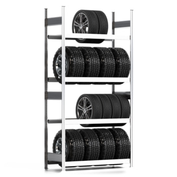 Reifenregal mit Tiefenriegel - 250 kg - 2.500 x 1.285 x 500 mm (HxBxT) - 4 Ebenen - Grundregal - Steckregal BERT Grundregal