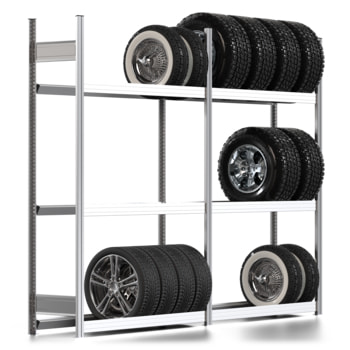 Räderregal mit Tiefenriegel - 250 kg - 2.000 x 2.626 x 400 mm (HxBxT) - 3 Ebenen - 2 Felder Set - Steckregal BERT Räderregal mit Tiefenriegel - 250 kg - 2.000 x 2.626 x 400 mm (HxBxT) - 3 Ebenen - 2 Felder Set - Steckregal BERT