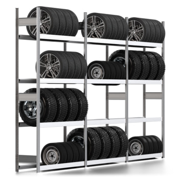 Räderregal mit Tiefenriegel - 250 kg - 2.500 x 3.911 x 400 mm (HxBxT) - 4 Ebenen - 3 Felder Set - Steckregal BERT Räderregal mit Tiefenriegel - 250 kg - 2.500 x 3.911 x 400 mm (HxBxT) - 4 Ebenen - 3 Felder Set - Steckregal BERT