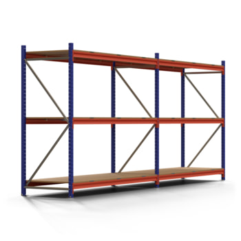 Weitspannregal EMMA - 3 Ebenen - 2.000 x 4.398 x 809 mm (HxBxT) - Fachlast 660 kg - Holzböden - Lagerregal - 2 Felder Weitspannregal EMMA - 3 Ebenen - 2.000 x 4.398 x 809 mm (HxBxT) - Fachlast 660 kg - Holzböden - Lagerregal - 2 Felder
