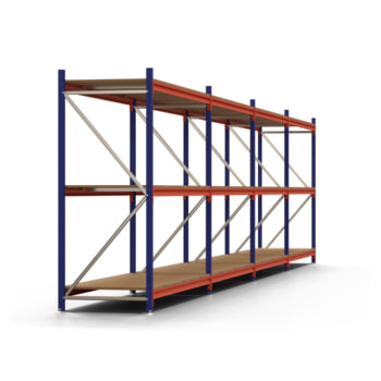Weitspannregal EMMA - 3 Ebenen - 2.000 x 8.848 x 809 mm (HxBxT) - Fachlast 660 kg - Holzböden - Lagerregal - 4 Felder Weitspannregal EMMA - 3 Ebenen - 2.000 x 8.848 x 809 mm (HxBxT) - Fachlast 660 kg - Holzböden - Lagerregal - 4 Felder