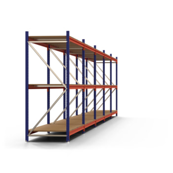 Weitspannregal EMMA - 3 Ebenen - 2.000 x 11.073 x 809 mm (HxBxT) - Fachlast 660 kg - Holzböden - Lagerregal - 5 Felder Weitspannregal EMMA - 3 Ebenen - 2.000 x 11.073 x 809 mm (HxBxT) - Fachlast 660 kg - Holzböden - Lagerregal - 5 Felder